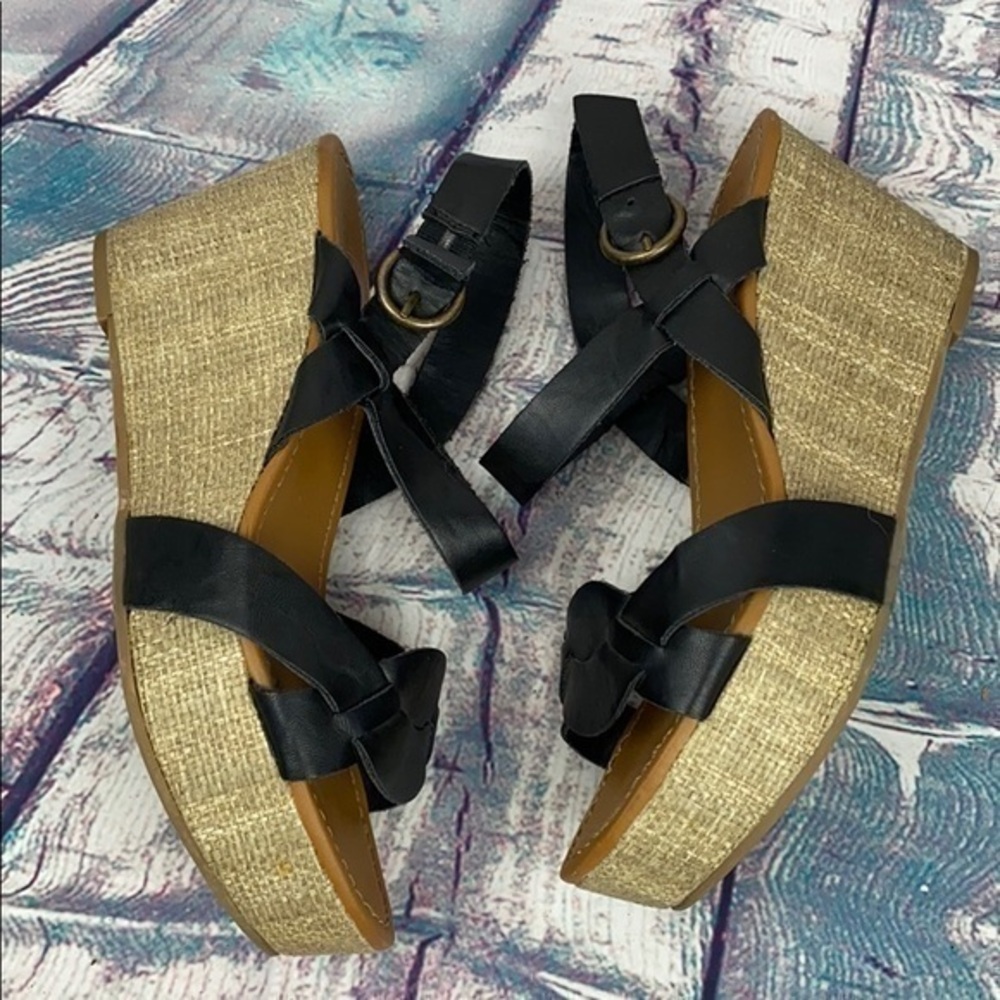 CATHY JEAN Black Weave Wedge Ankle Wrap Sa…